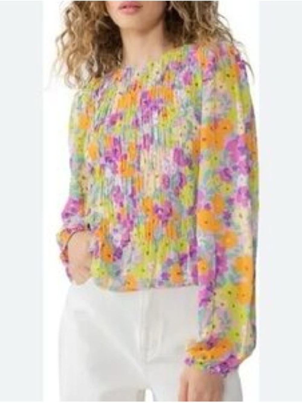 SANCTUARY Floral Bubble Sleeve Blouse Purple yellow Orange Sz L